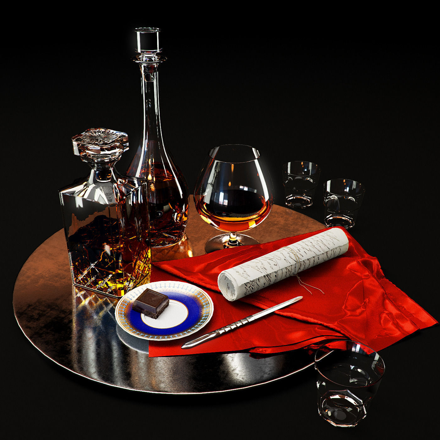 Set whiskey and cognac decanter on dish 3D model_1