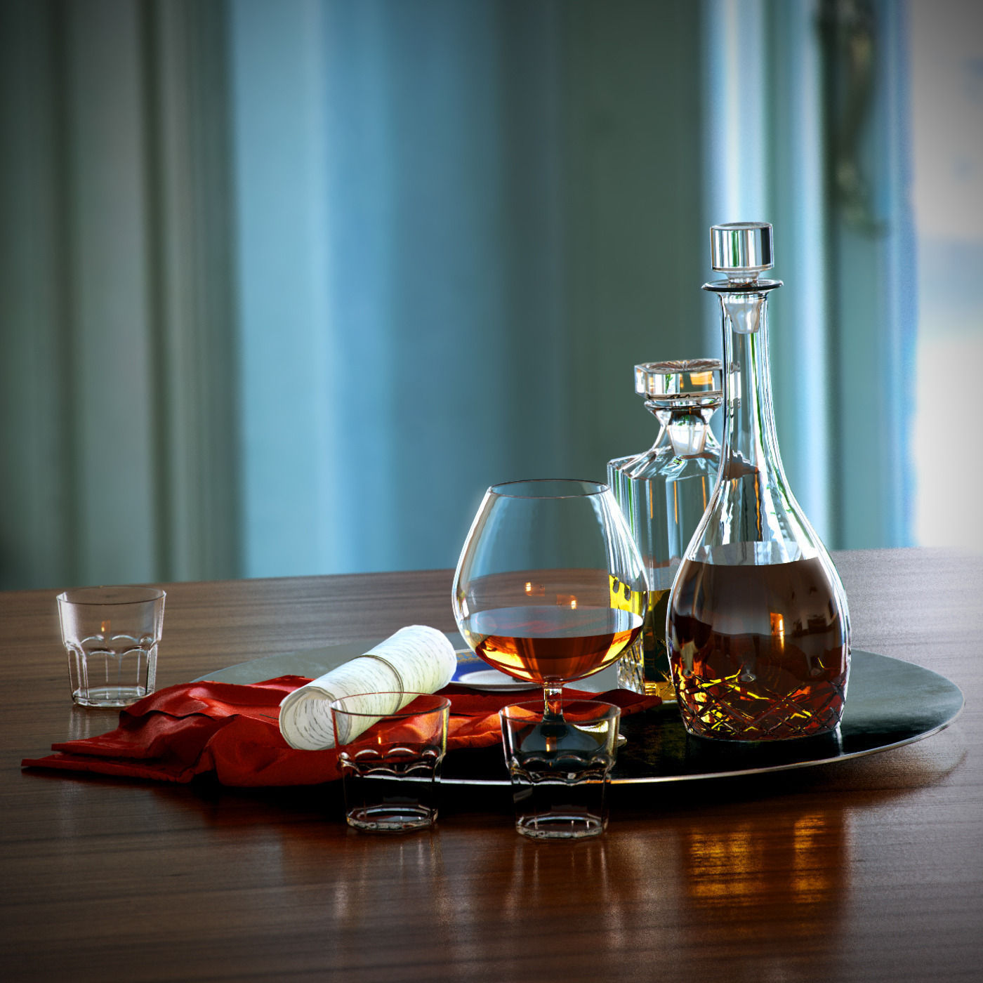 Set whiskey and cognac decanter on dish 3D model_4