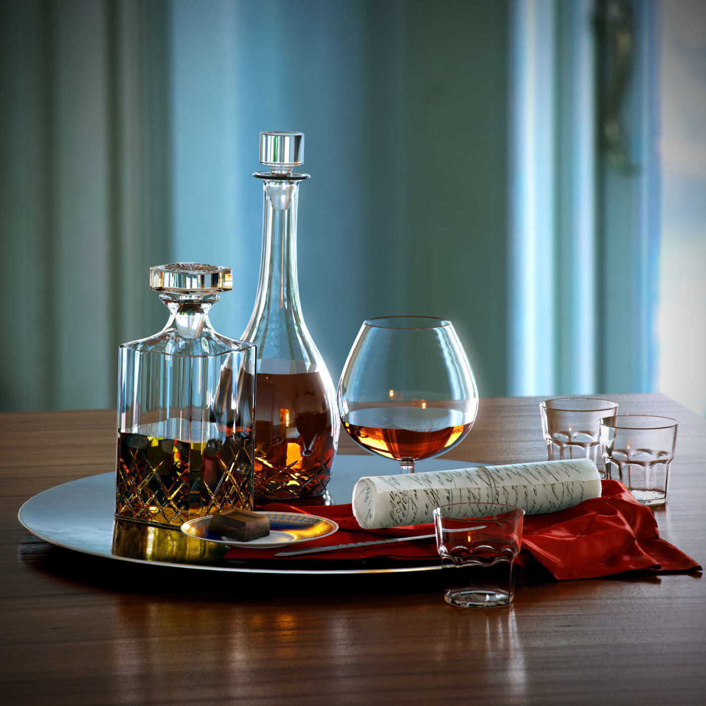 Set whiskey and cognac decanter on dish 3D model_2