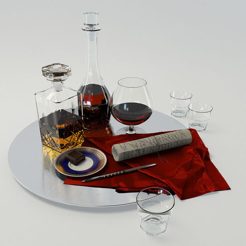 Set whiskey and cognac decanter on dish 3D model