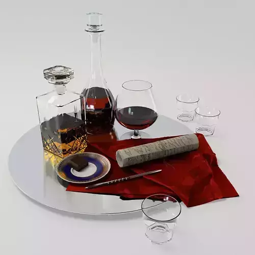 Set whiskey and cognac decanter on dish 3D model