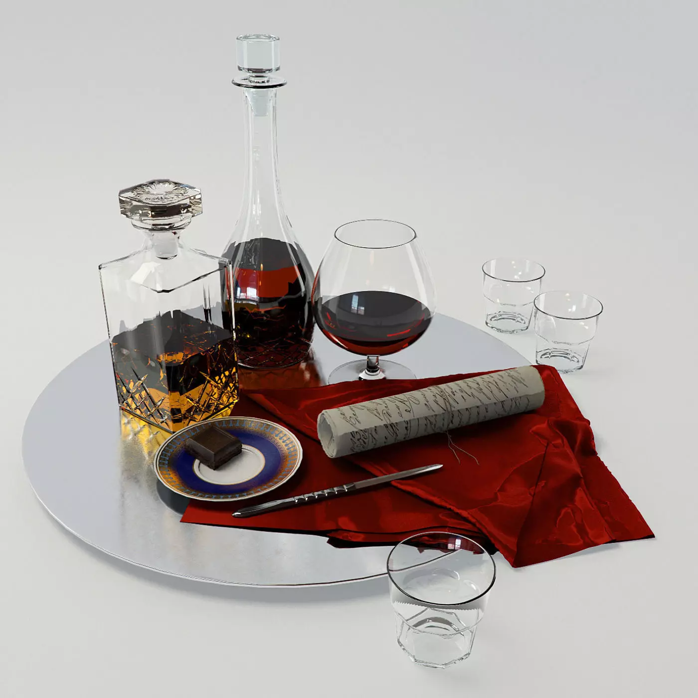 Set whiskey and cognac decanter on dish 3D model_0