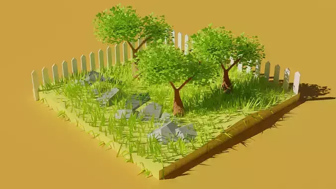 garden with grass and trees Low-poly 3D model