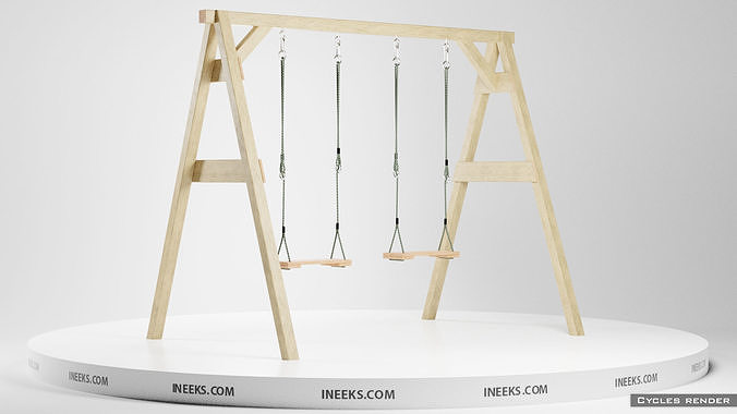 Classic wooden swing set with two seats on the ropes 3D model