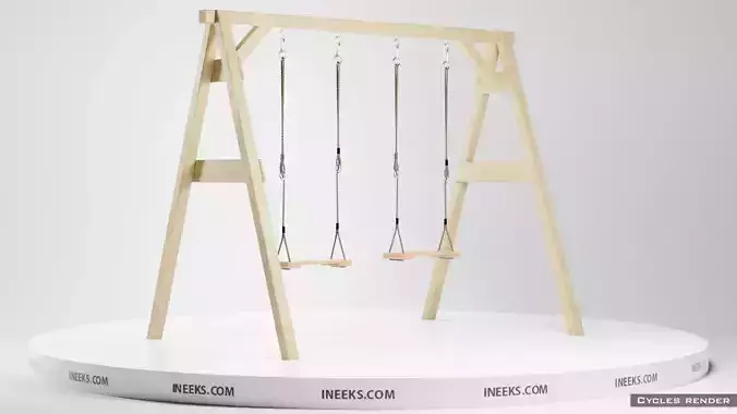 Classic wooden swing set with two seats on the ropes 3D model