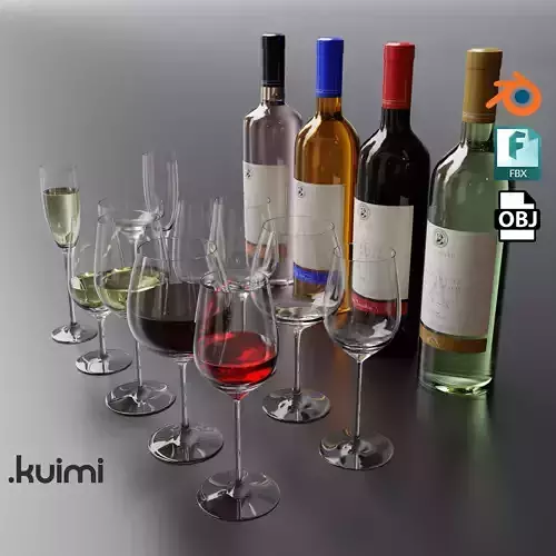 Wine Bottles With Glasses  3D model