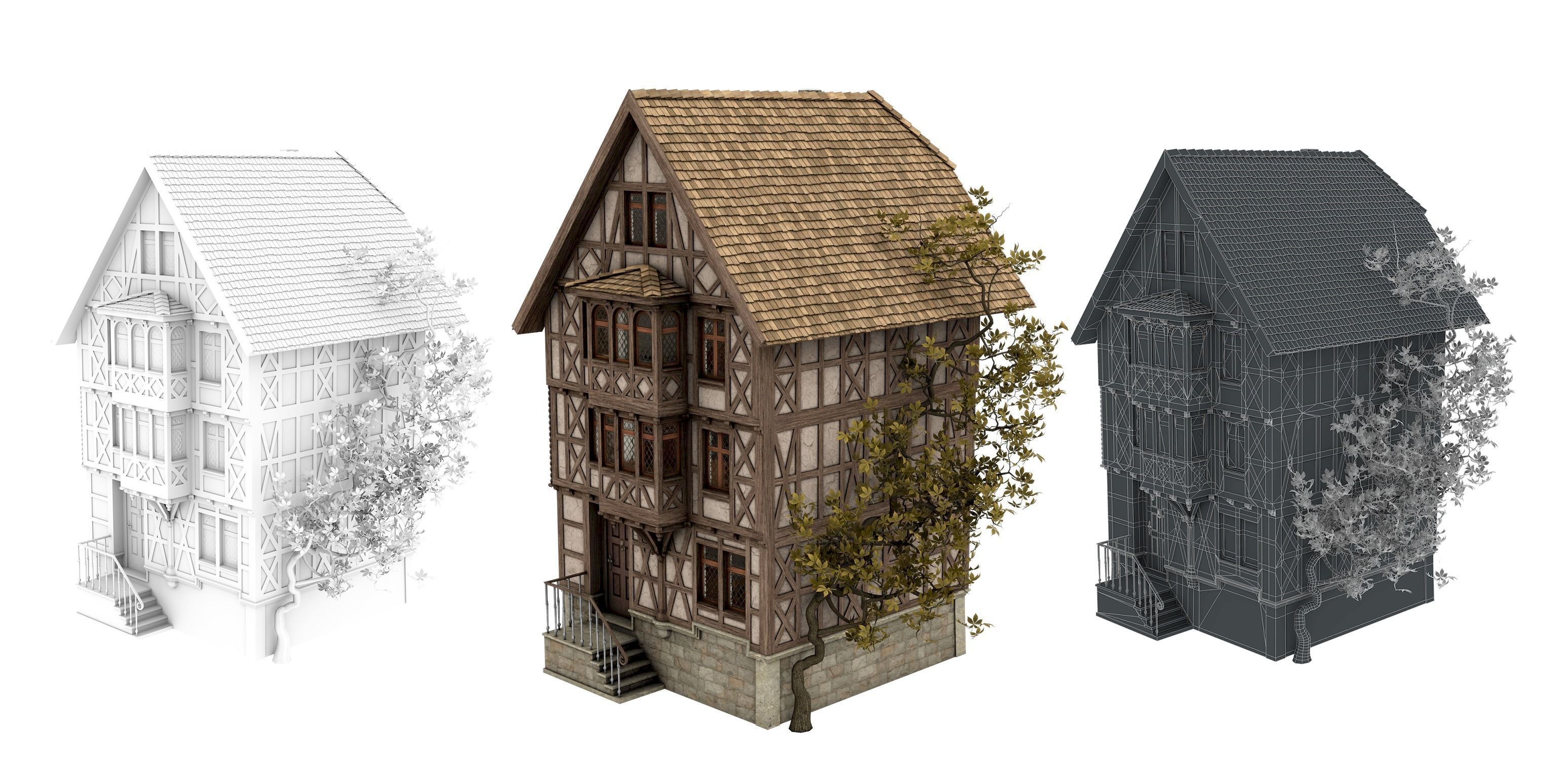 Half-timbered house from the 18th CENTURY with rooms Low-poly 3D model_14