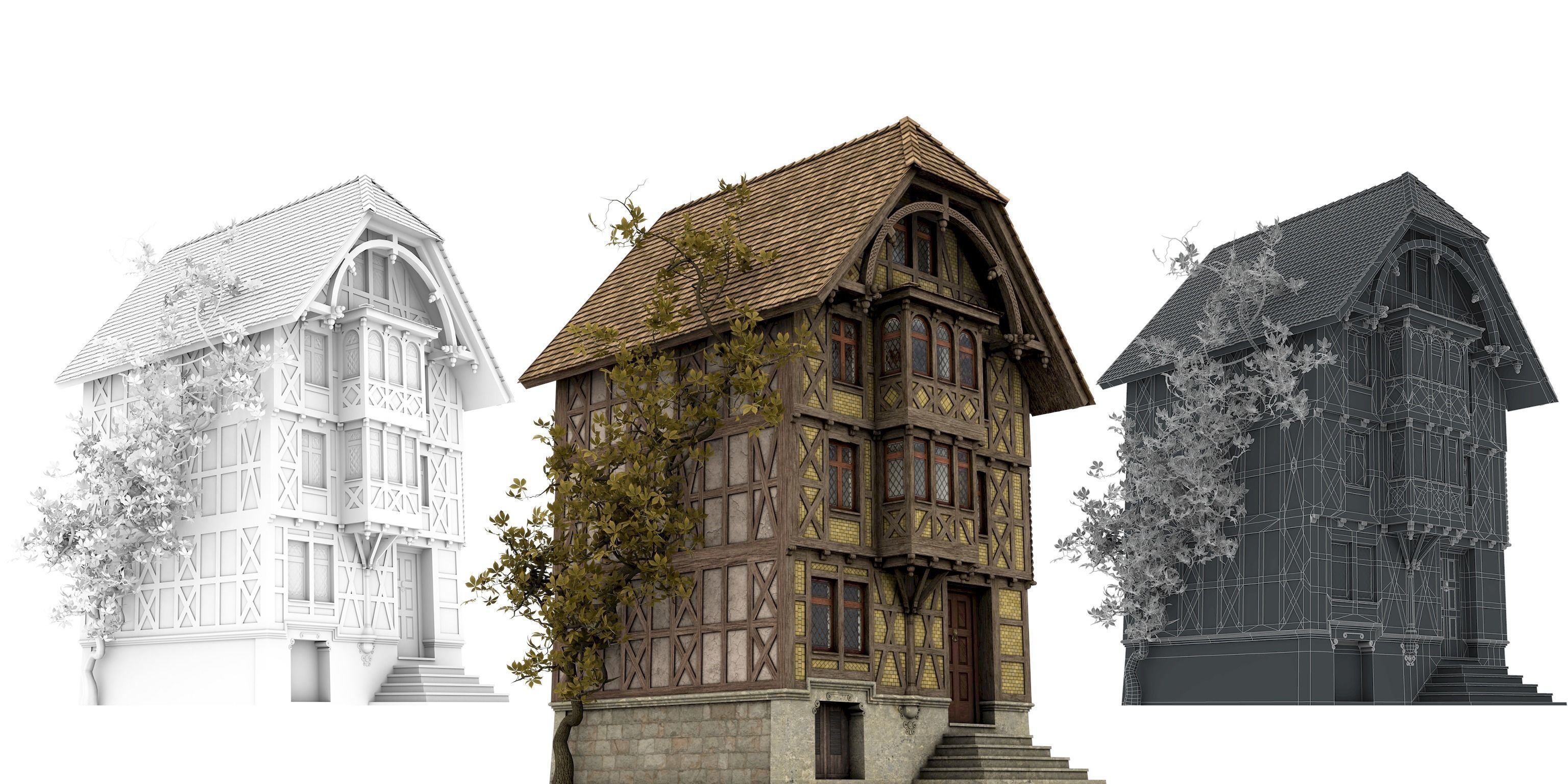 Half-timbered house from the 18th CENTURY with rooms Low-poly 3D model_8