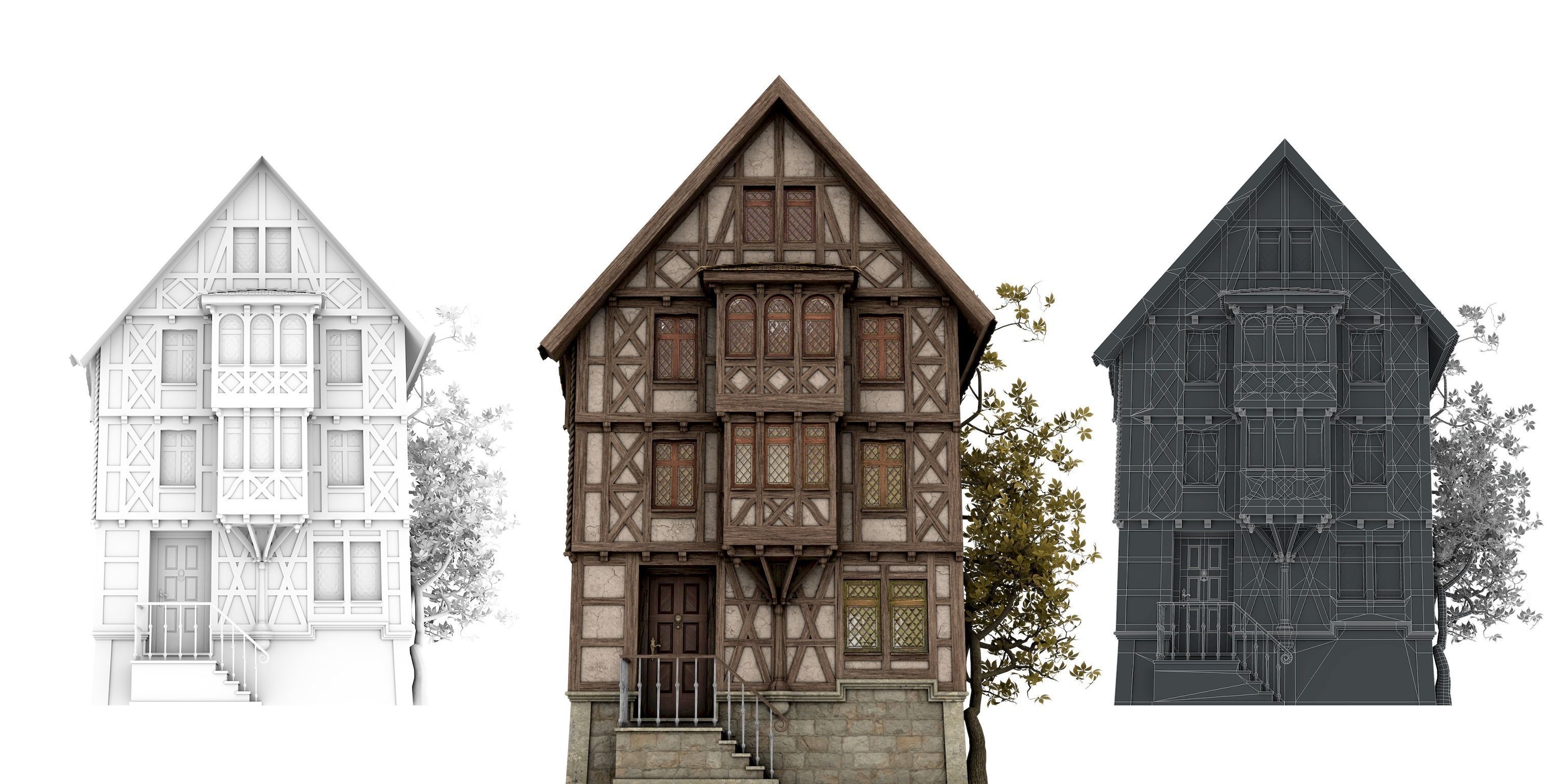 Half-timbered house from the 18th CENTURY with rooms Low-poly 3D model_5