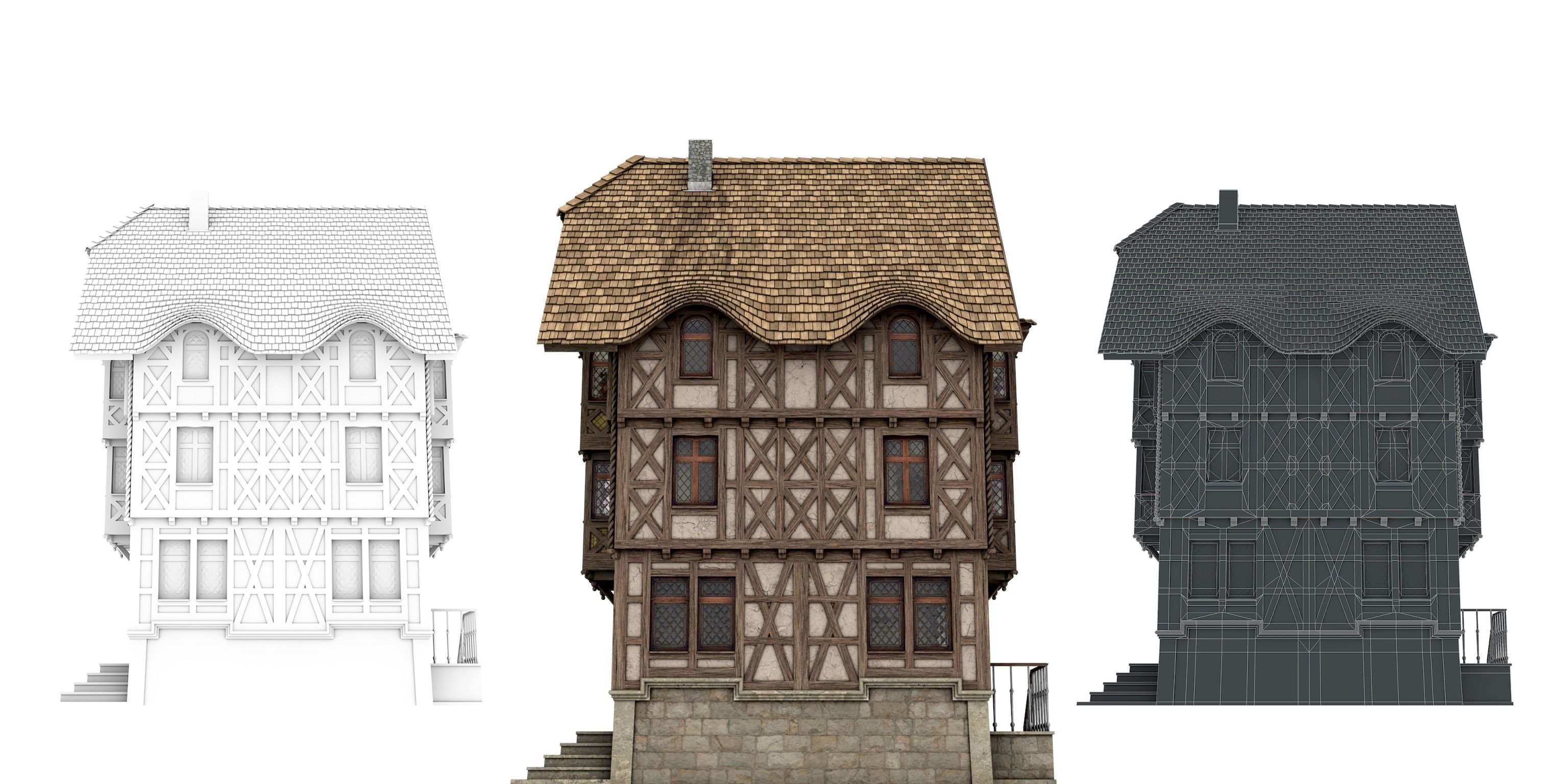 Half-timbered house from the 18th CENTURY with rooms Low-poly 3D model_3