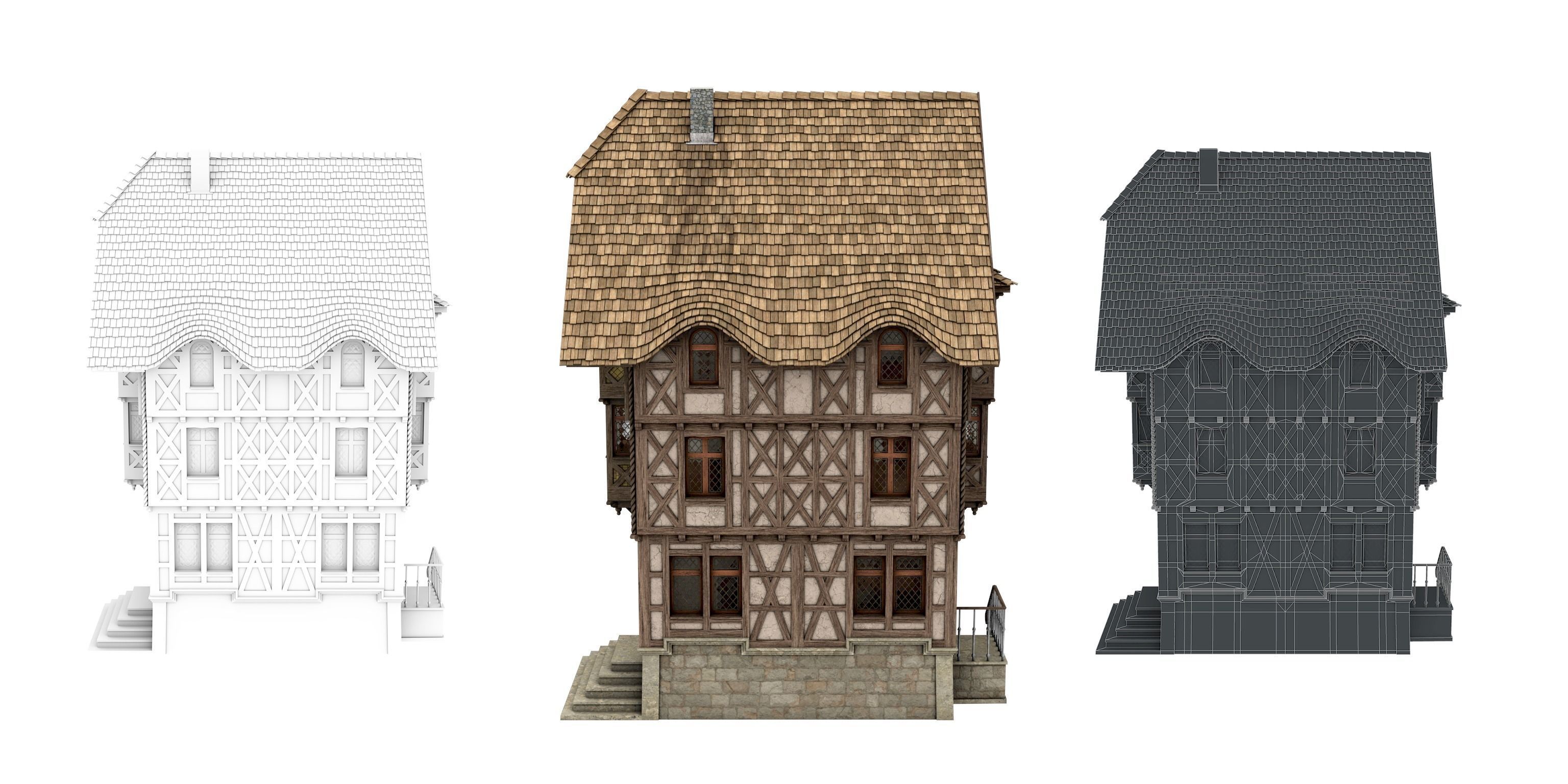 Half-timbered house from the 18th CENTURY with rooms Low-poly 3D model_11