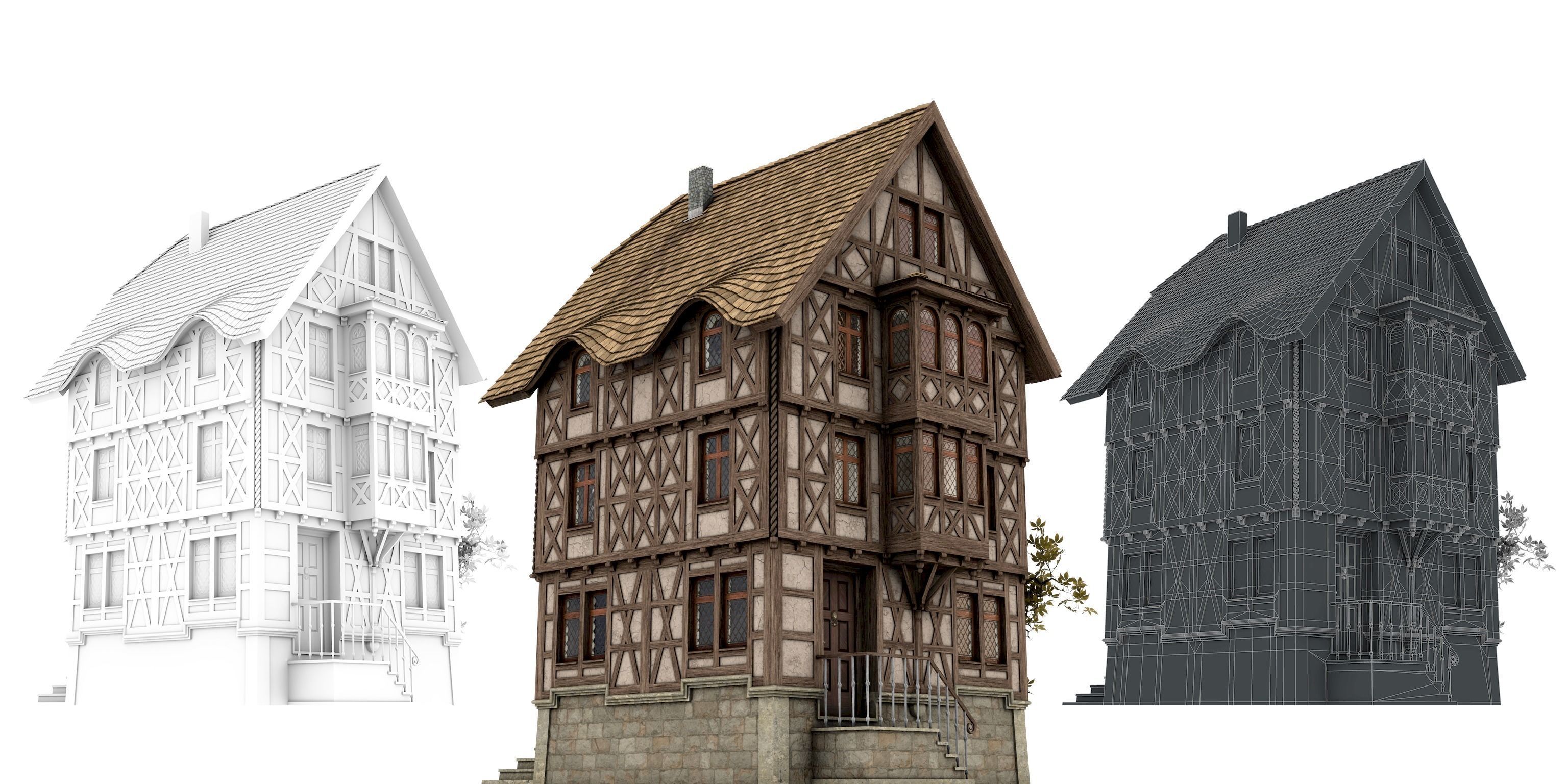 Half-timbered house from the 18th CENTURY with rooms Low-poly 3D model_4