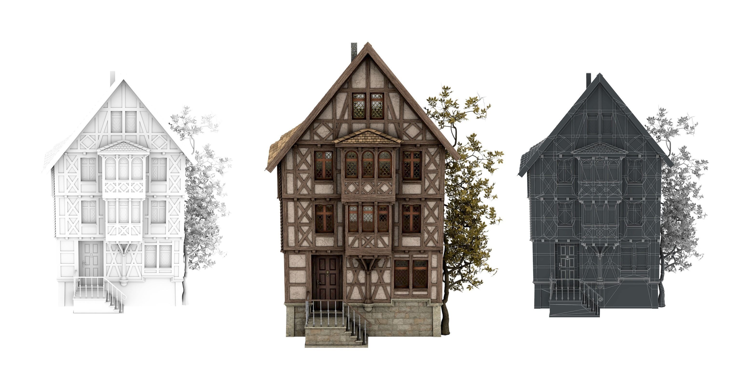 Half-timbered house from the 18th CENTURY with rooms Low-poly 3D model_13