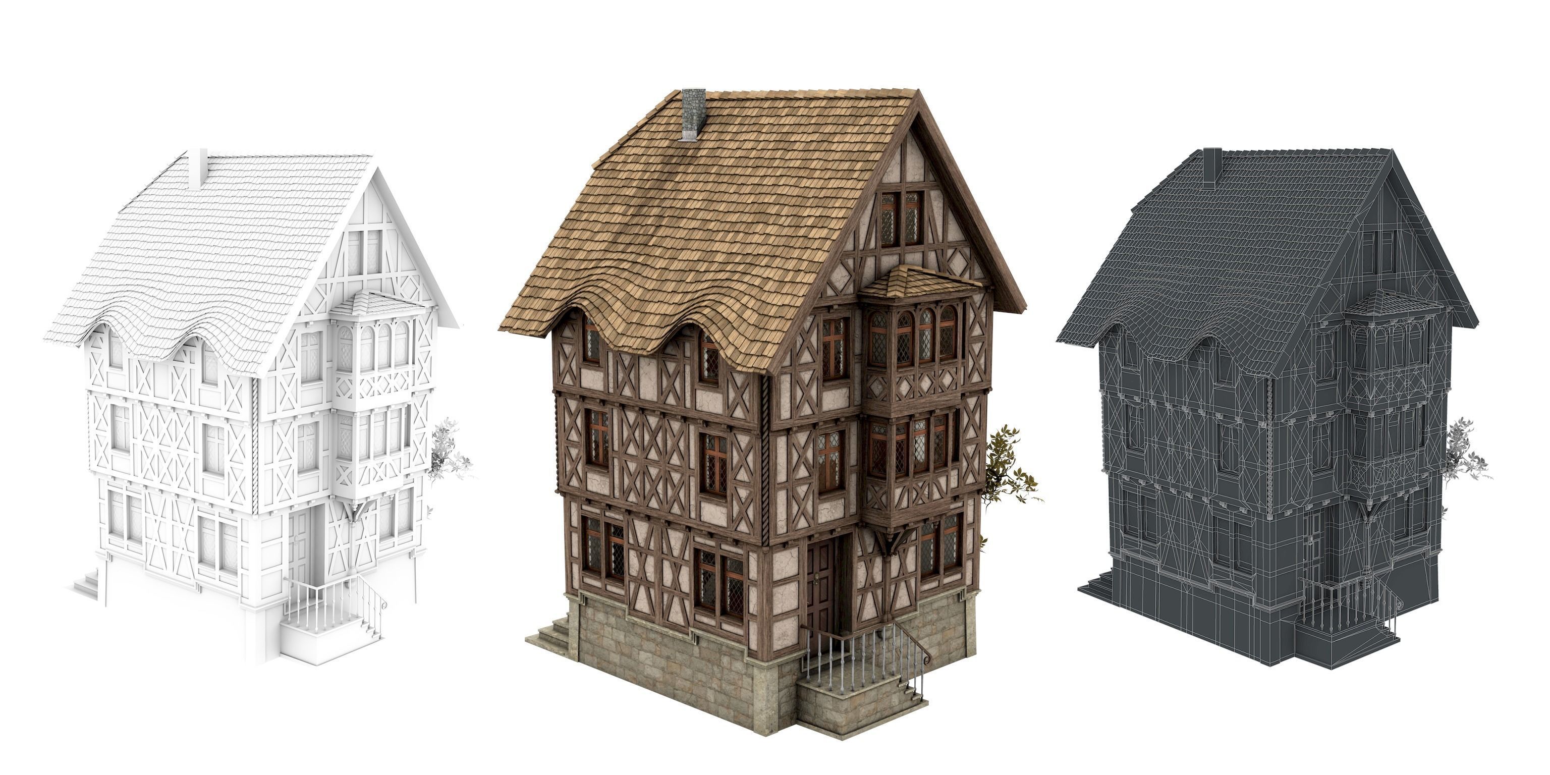 Half-timbered house from the 18th CENTURY with rooms Low-poly 3D model_12
