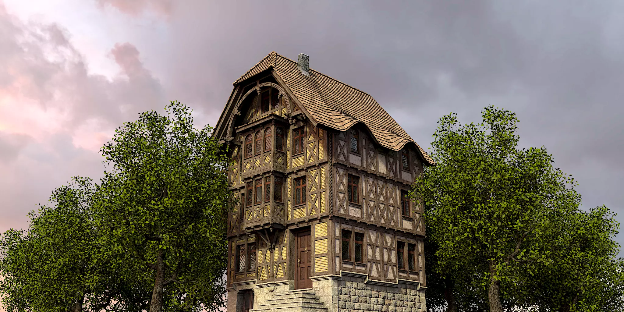 Half-timbered house from the 18th CENTURY with rooms Low-poly 3D model_0
