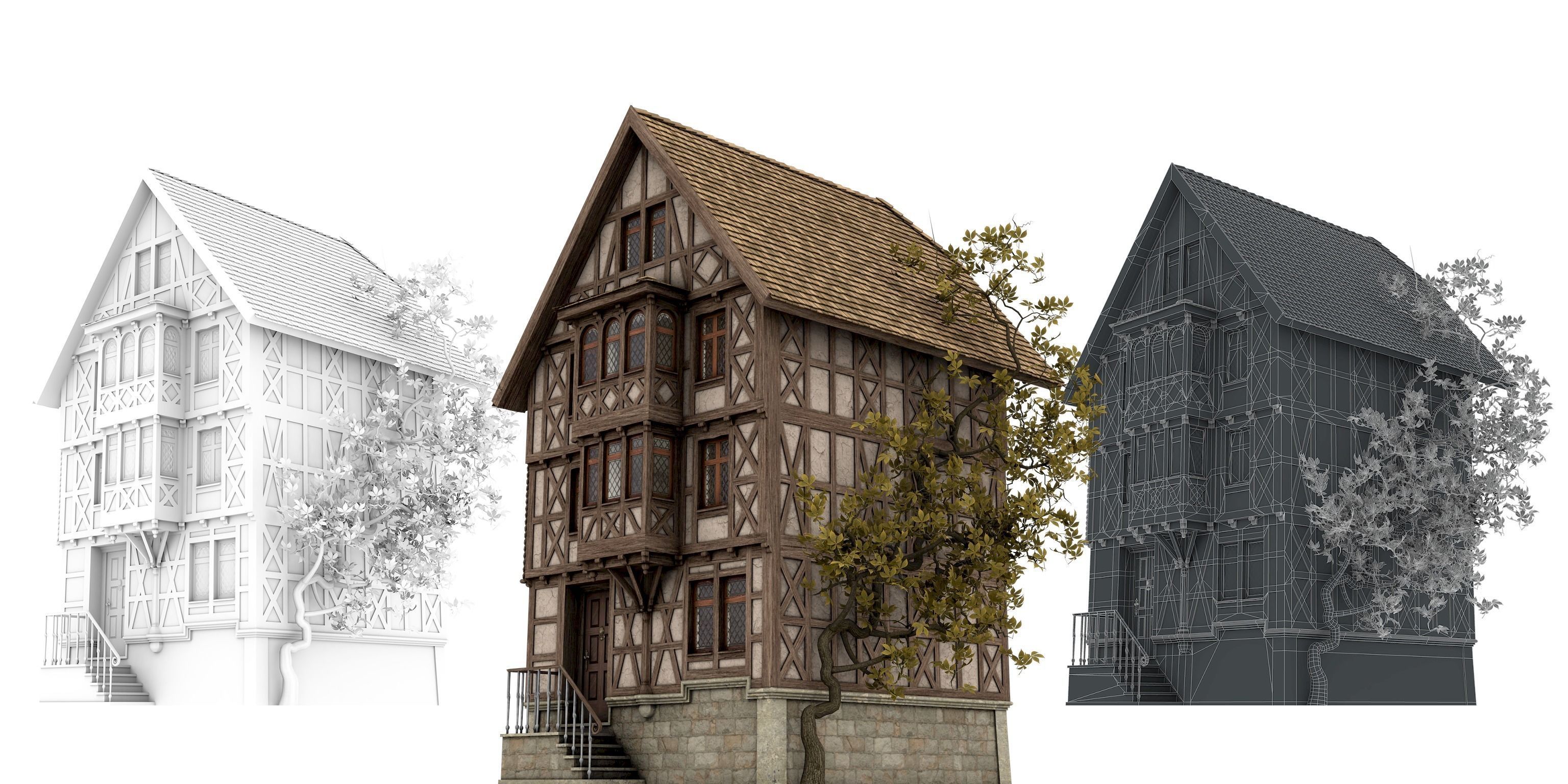 Half-timbered house from the 18th CENTURY with rooms Low-poly 3D model_6