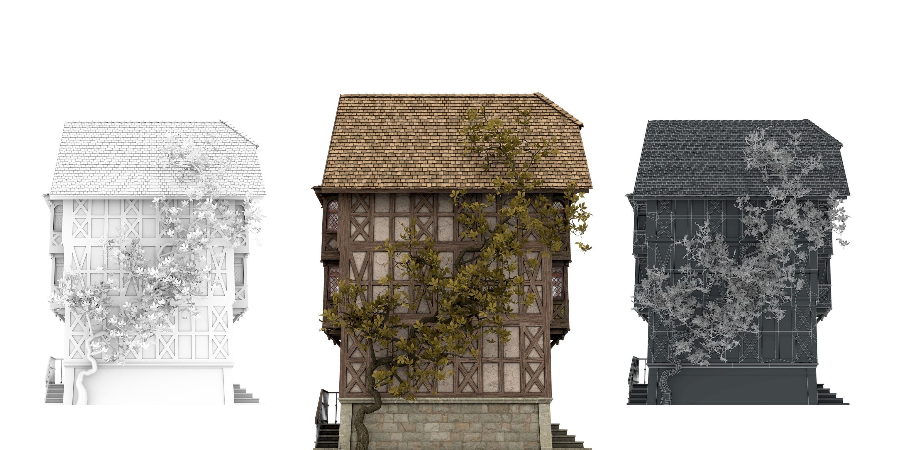 Half-timbered house from the 18th CENTURY with rooms Low-poly 3D model_7