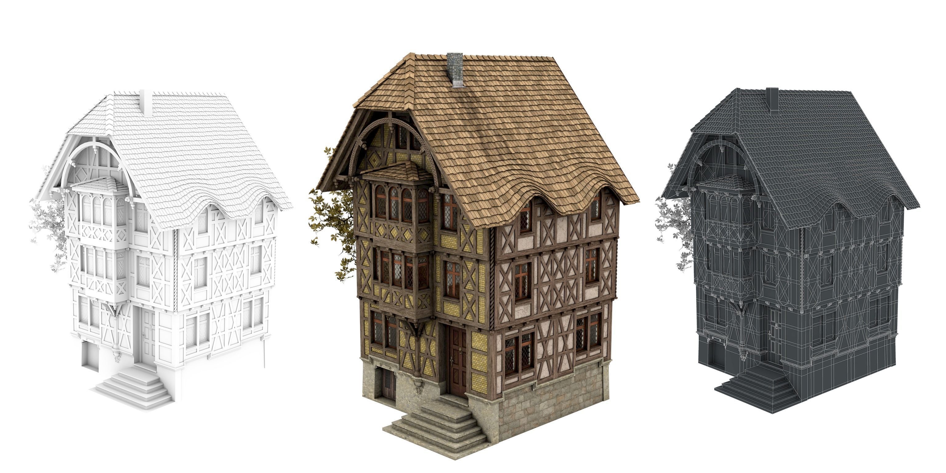 Half-timbered house from the 18th CENTURY with rooms Low-poly 3D model_10
