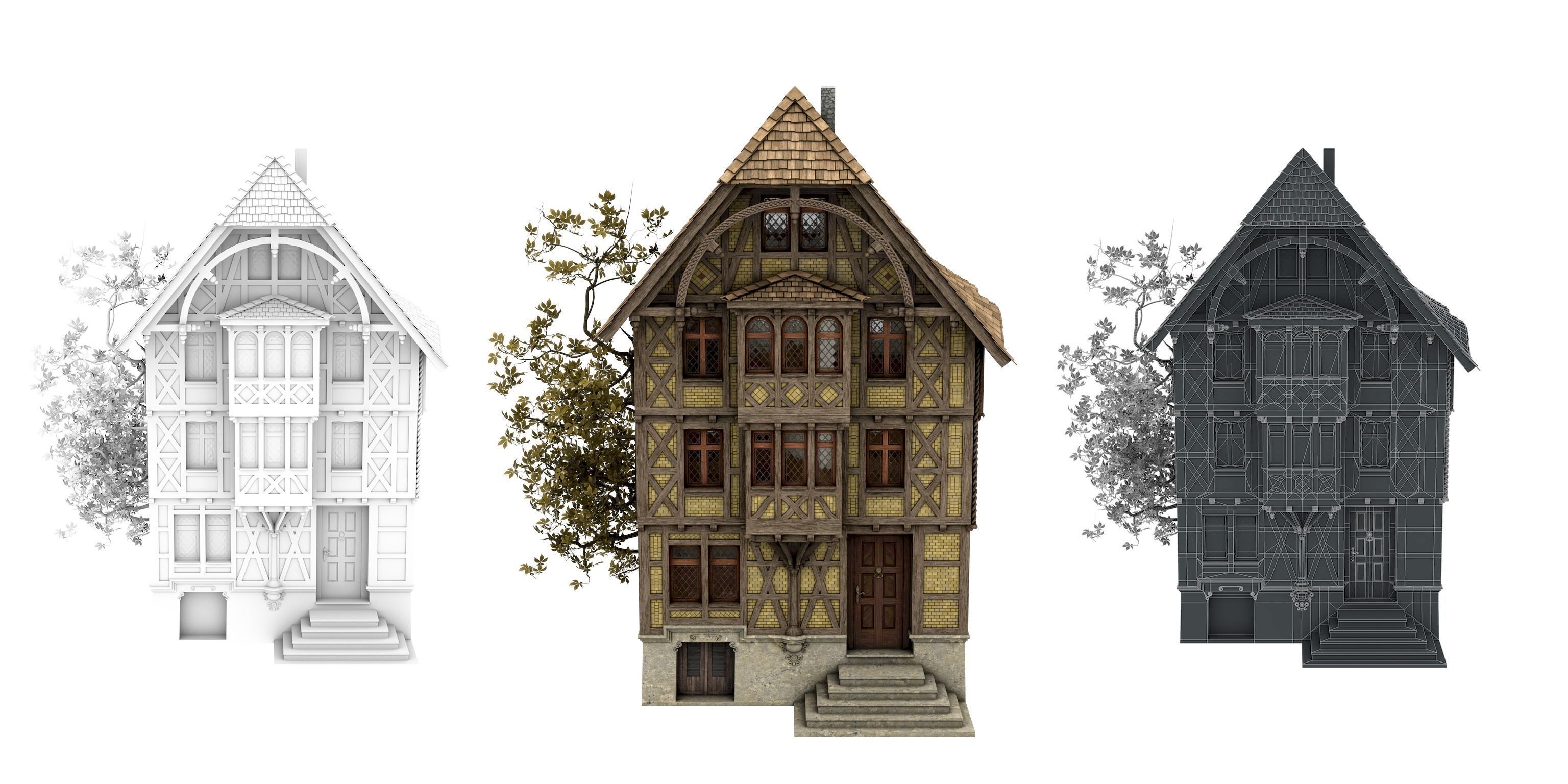 Half-timbered house from the 18th CENTURY with rooms Low-poly 3D model_9