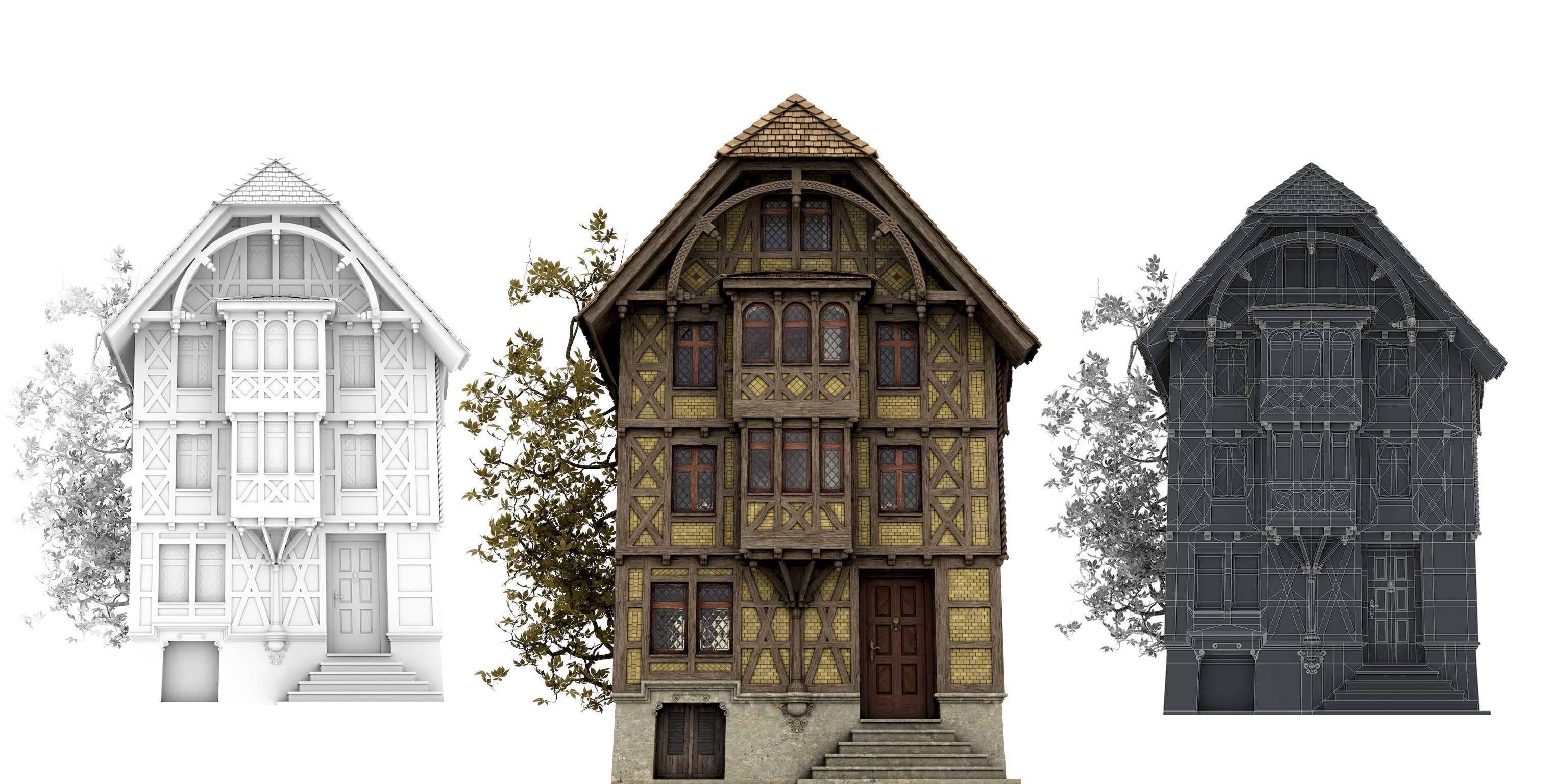 Half-timbered house from the 18th CENTURY with rooms Low-poly 3D model_1