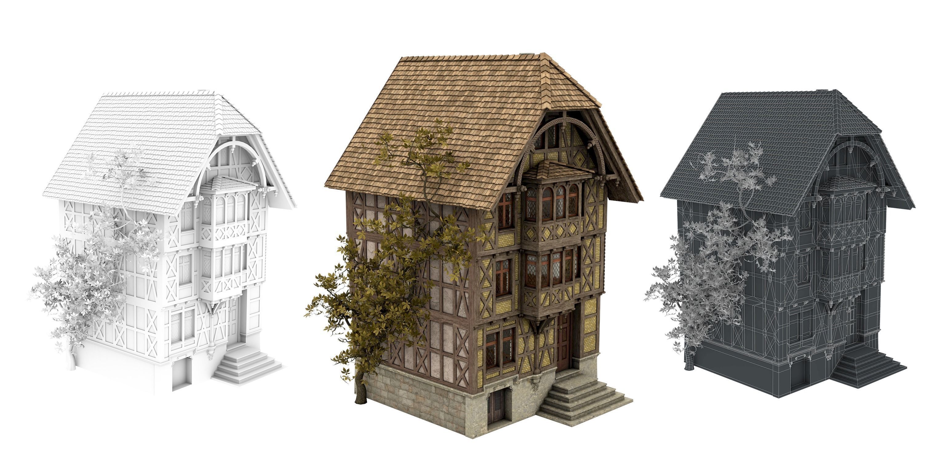 Half-timbered house from the 18th CENTURY with rooms Low-poly 3D model_16