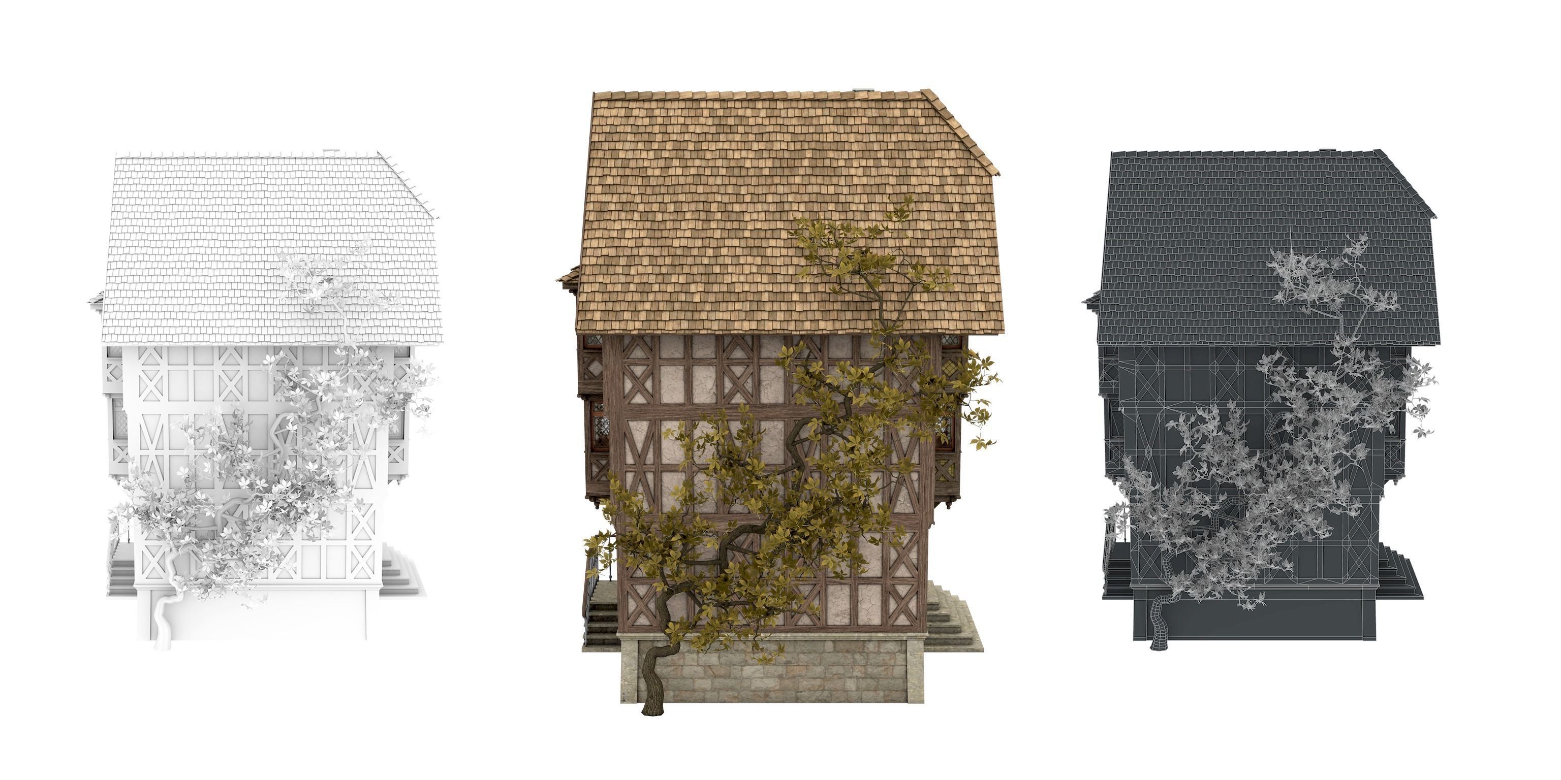 Half-timbered house from the 18th CENTURY with rooms Low-poly 3D model_15