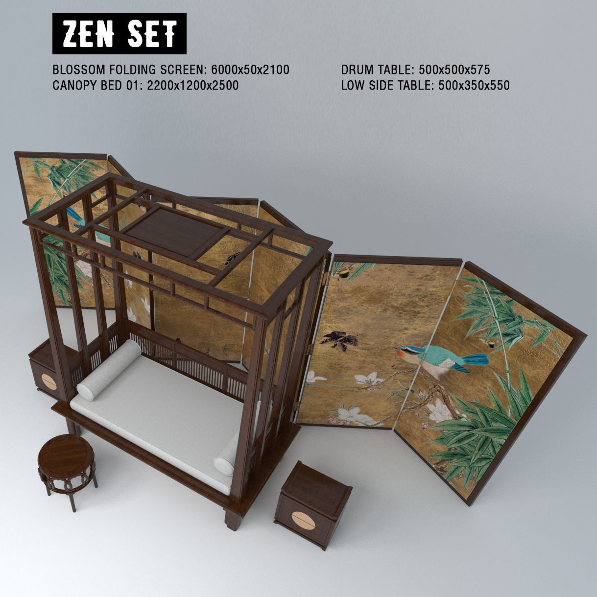 ZEN SET room divider with birds and flowers 3D model_1