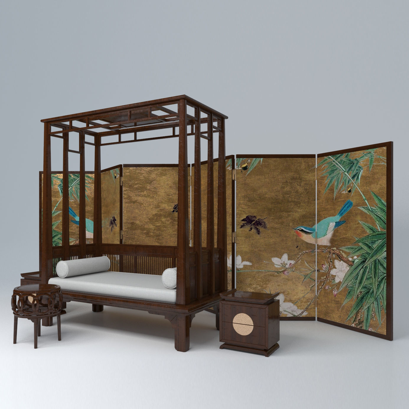 ZEN SET room divider with birds and flowers 3D model_4