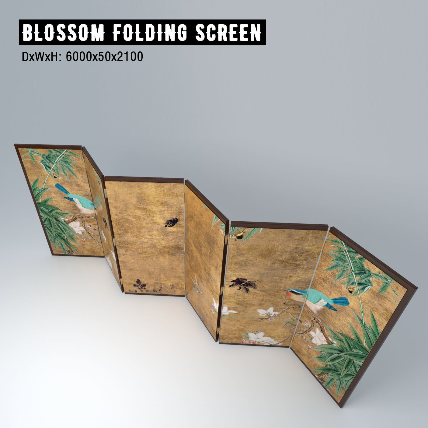 ZEN SET room divider with birds and flowers 3D model_10