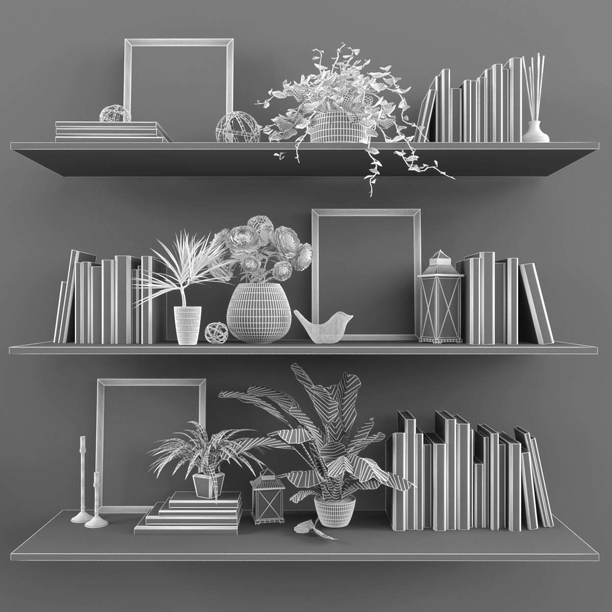 Decorative set bookshelves with plants and books Low-poly 3D model_2