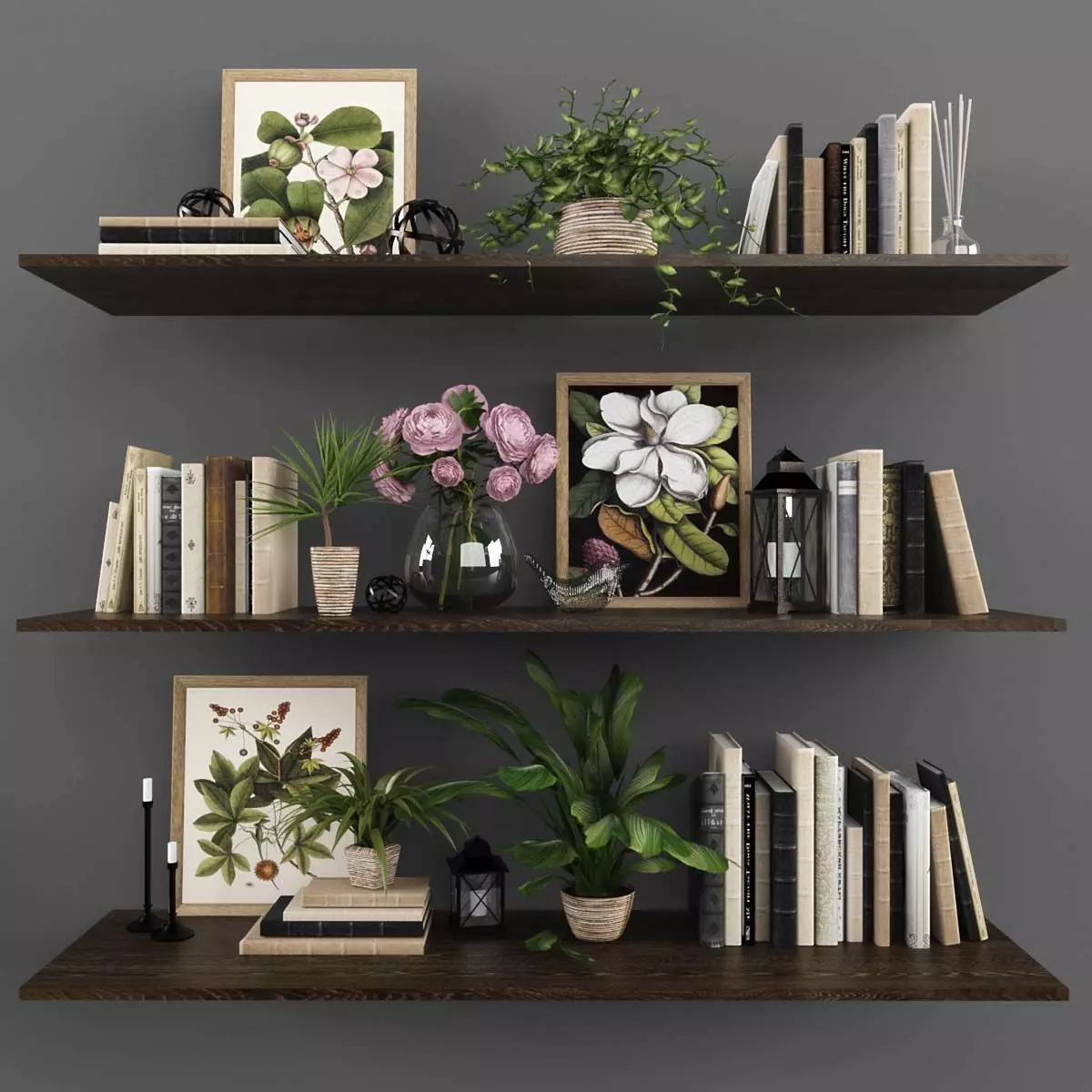Decorative set bookshelves with plants and books Low-poly 3D model_0
