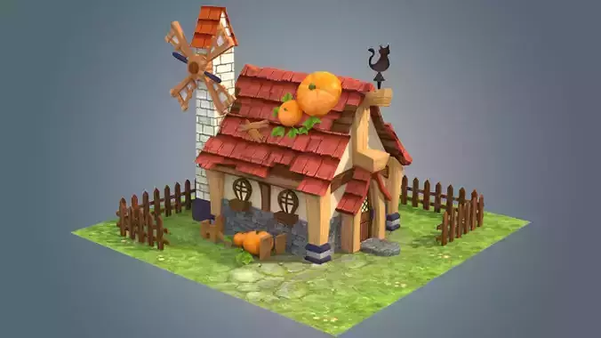 house with pumpkins and windmill
