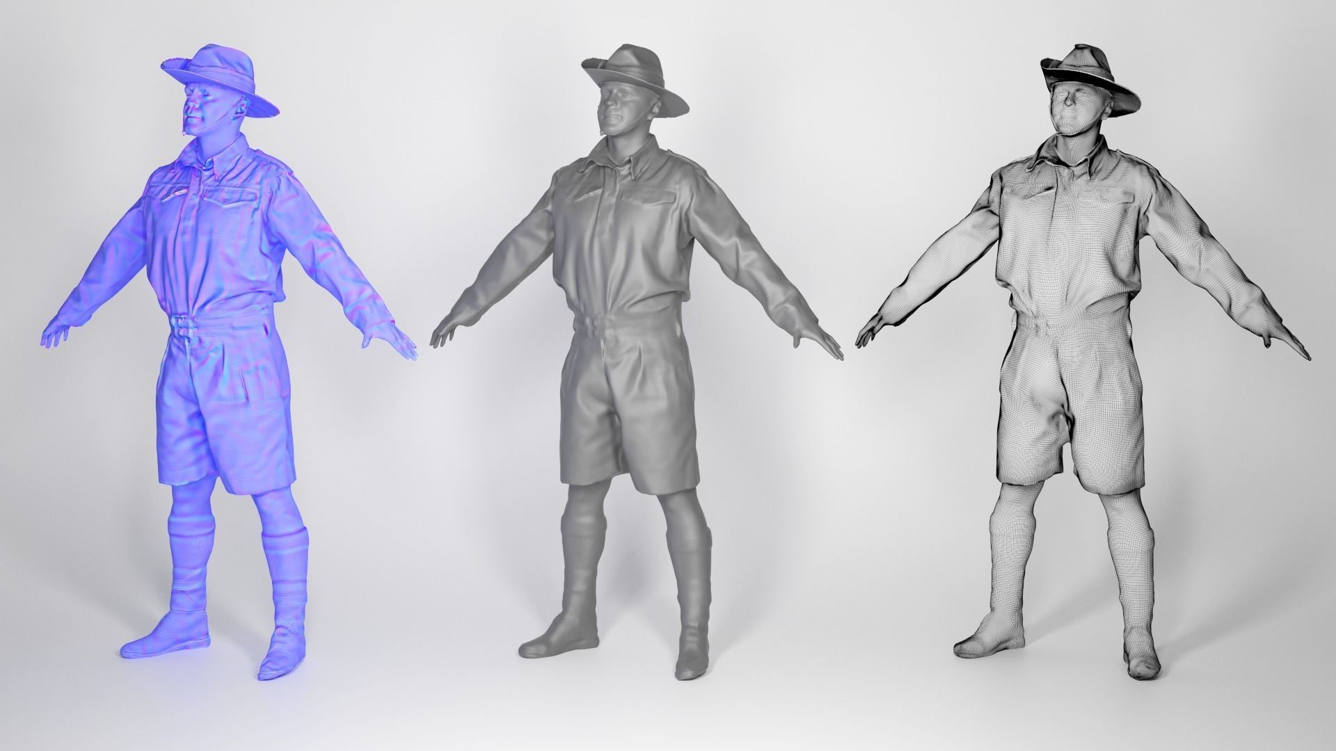 Australian infantryman character from WW2 in A-pose 165 Low-poly 3D model_4