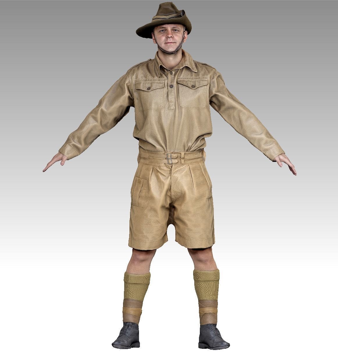 Australian infantryman character from WW2 in A-pose 165 Low-poly 3D model_6
