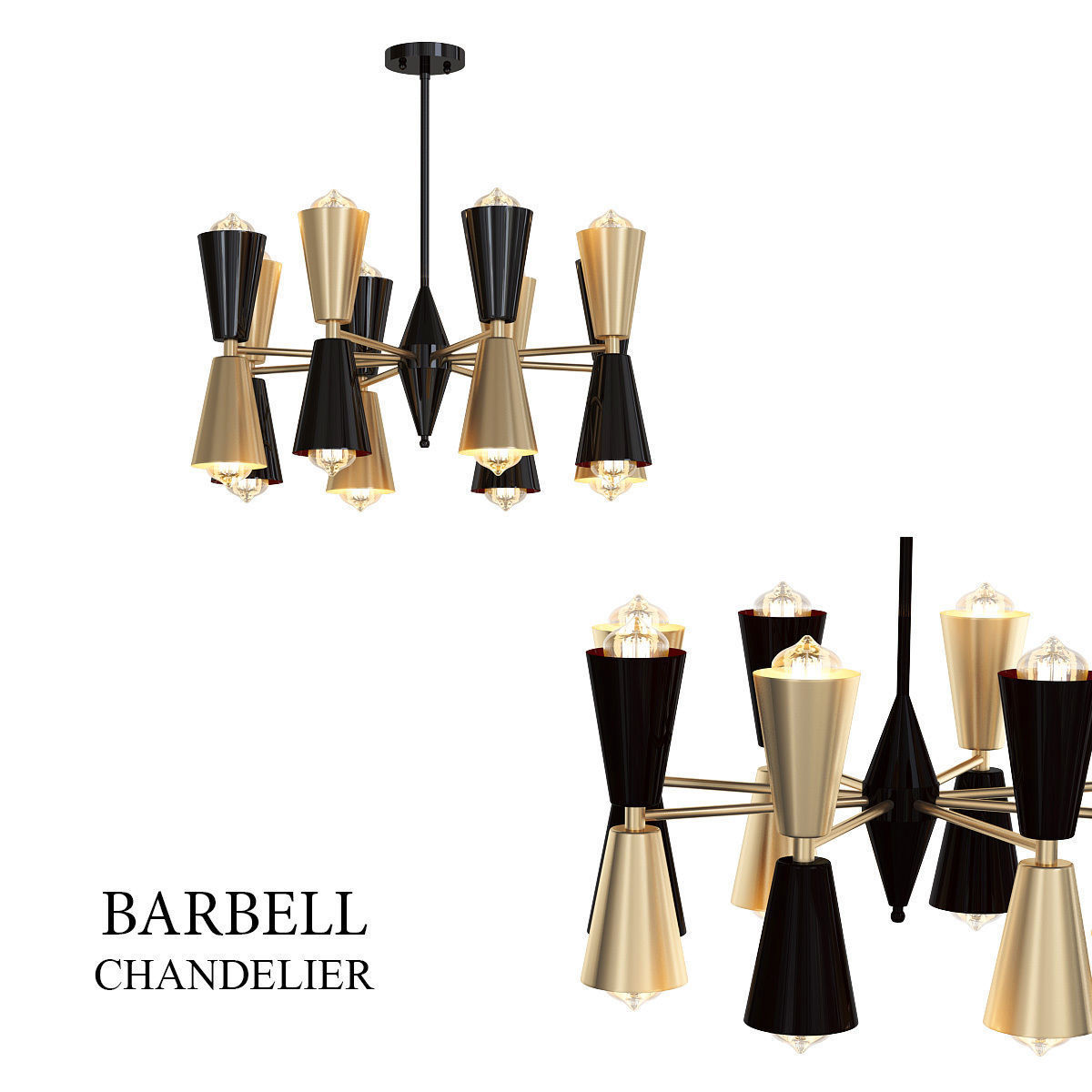 BARBELL modern chandelier with gold and accents 3D model_2