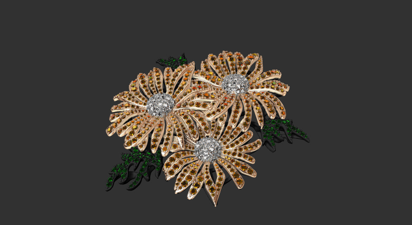 brooch flower with diamonds 3D print model_4