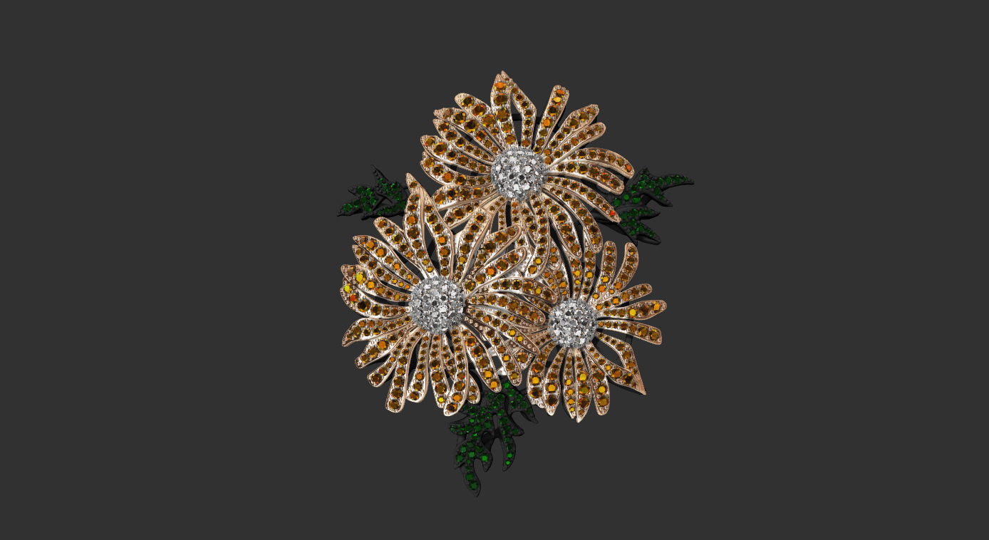 brooch flower with diamonds 3D print model_3