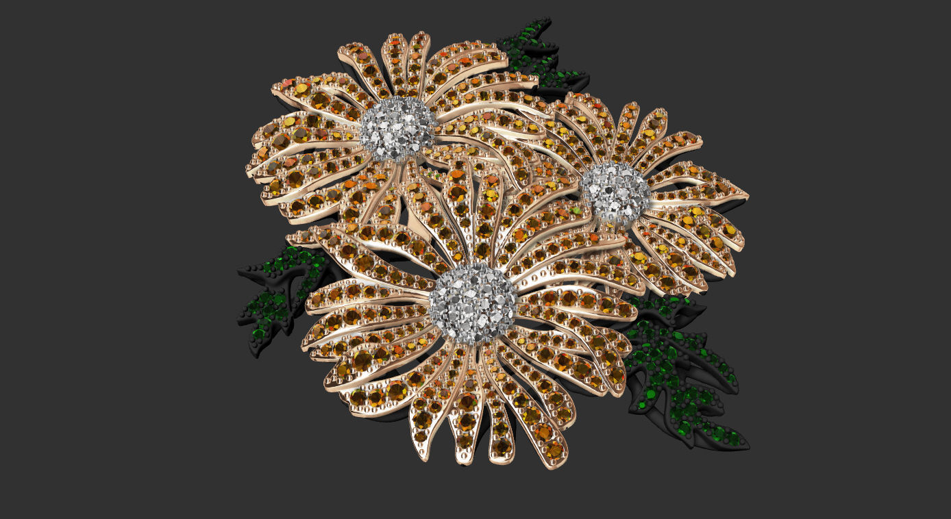 brooch flower with diamonds 3D print model_5