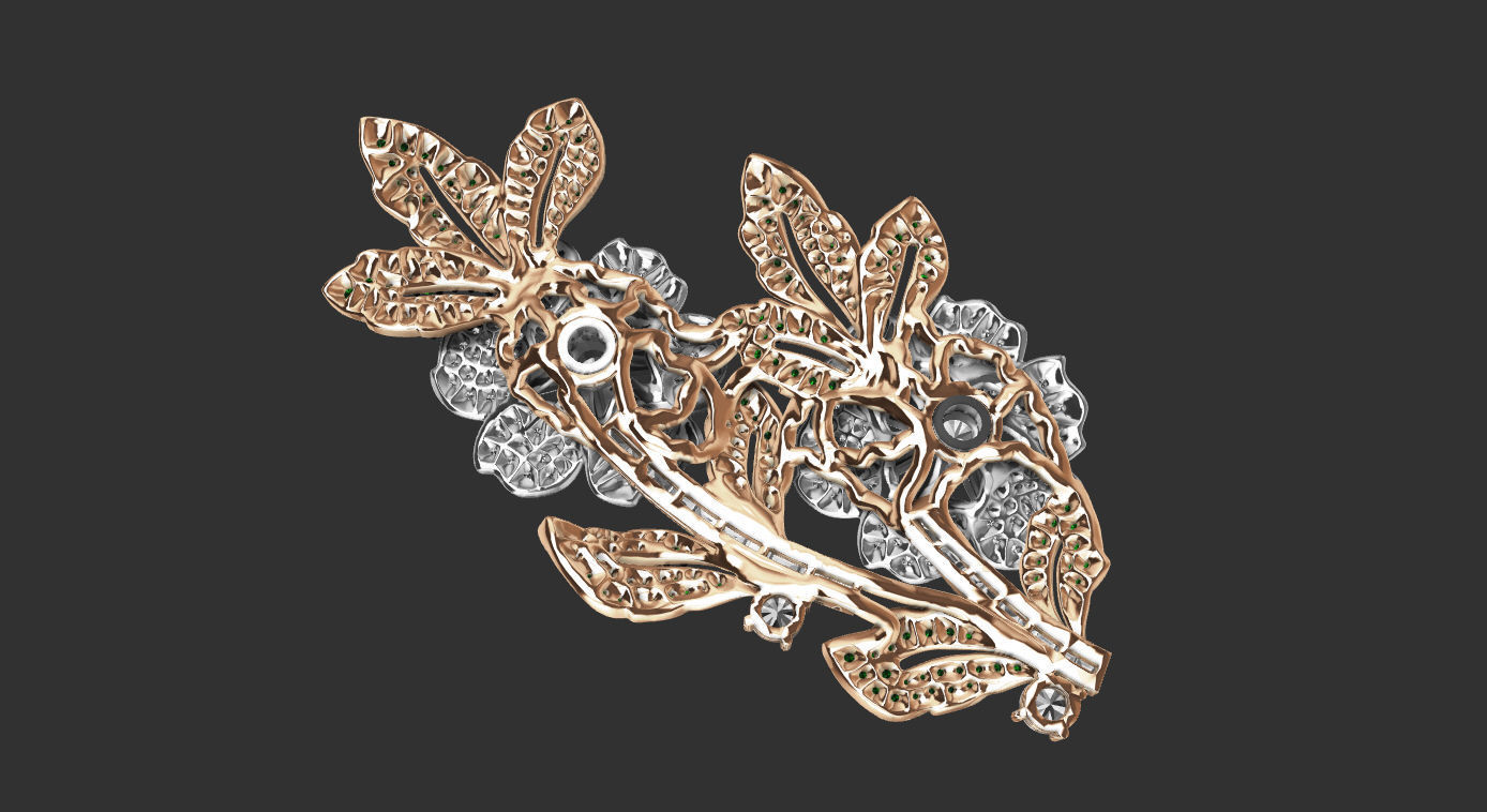 broch flower brooch with diamonds and leaves 3D print model_5
