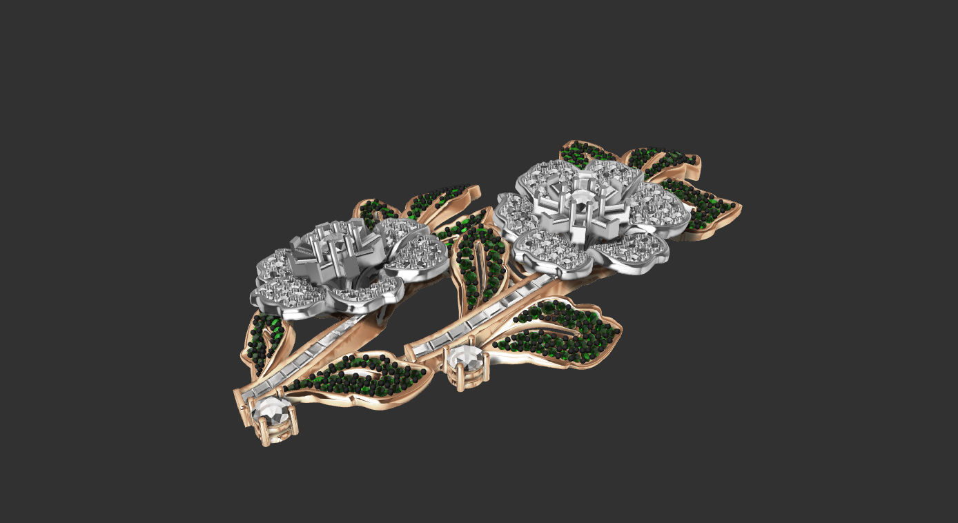 broch flower brooch with diamonds and leaves 3D print model_4