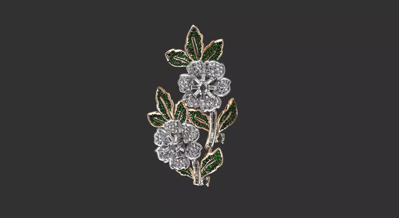 broch flower brooch with diamonds and leaves 3D print model_0