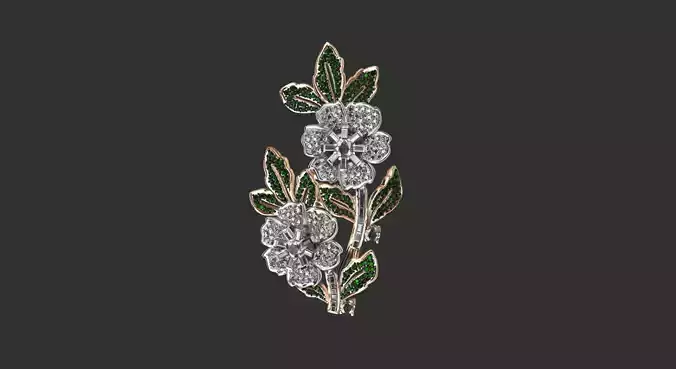 broch flower brooch with diamonds and leaves 3D print model