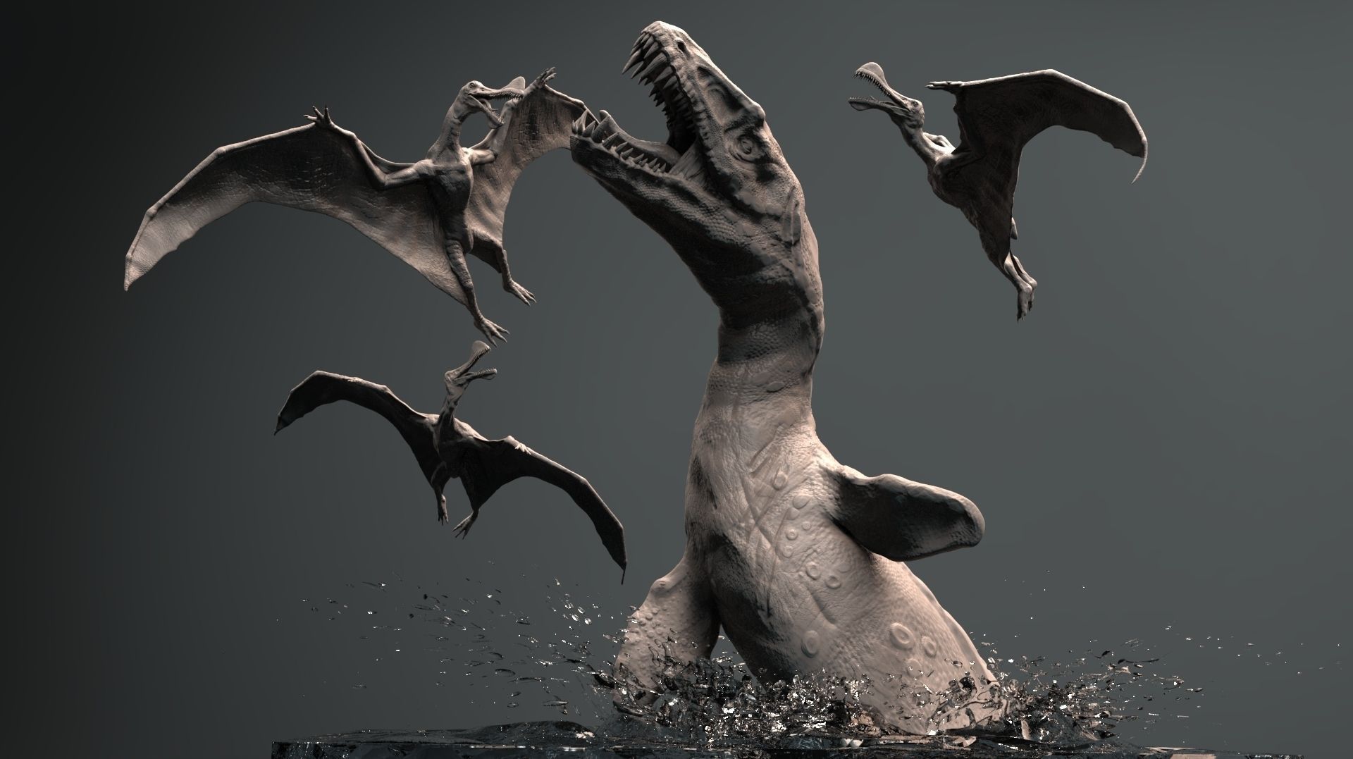Mosasaurs VS Ornithoheirus High Poly Scene 3D model_1