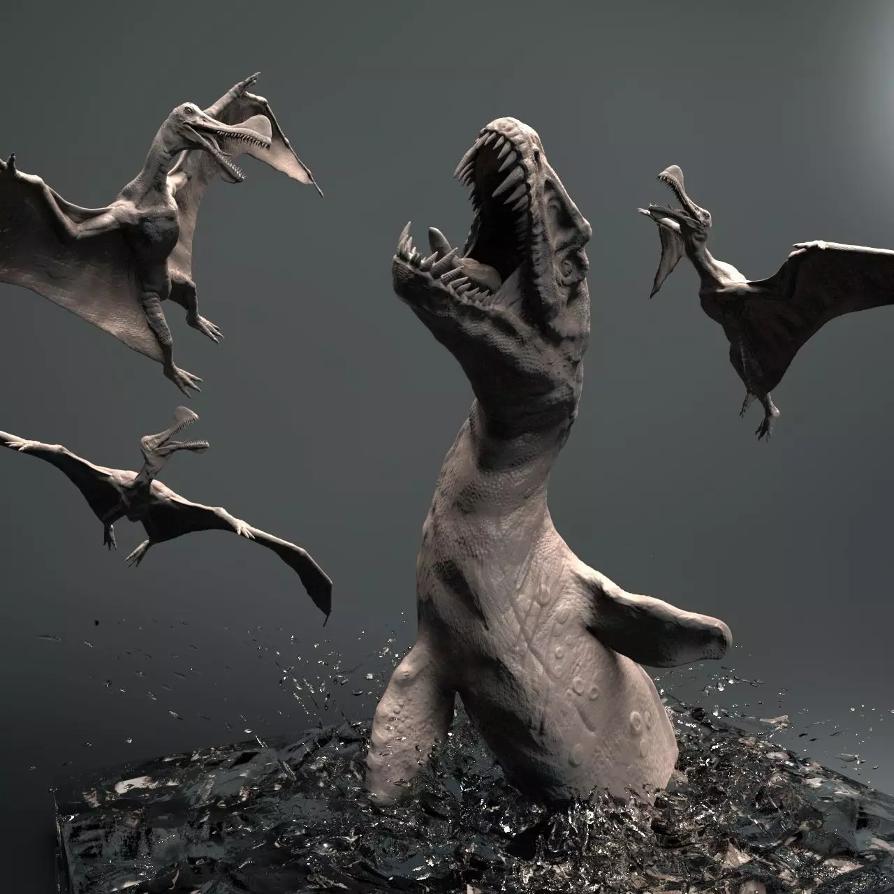 Mosasaurs VS Ornithoheirus High Poly Scene 3D model_0