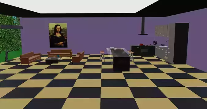 Kitchen 3D model living room with checkered floor