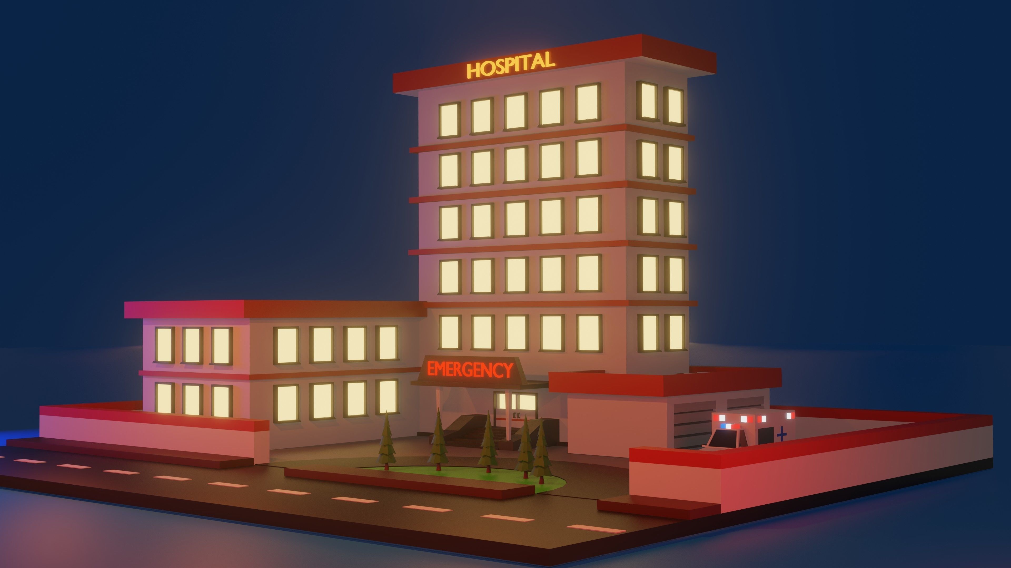 Low Poly Hospital hotel building Low-poly 3D model_3
