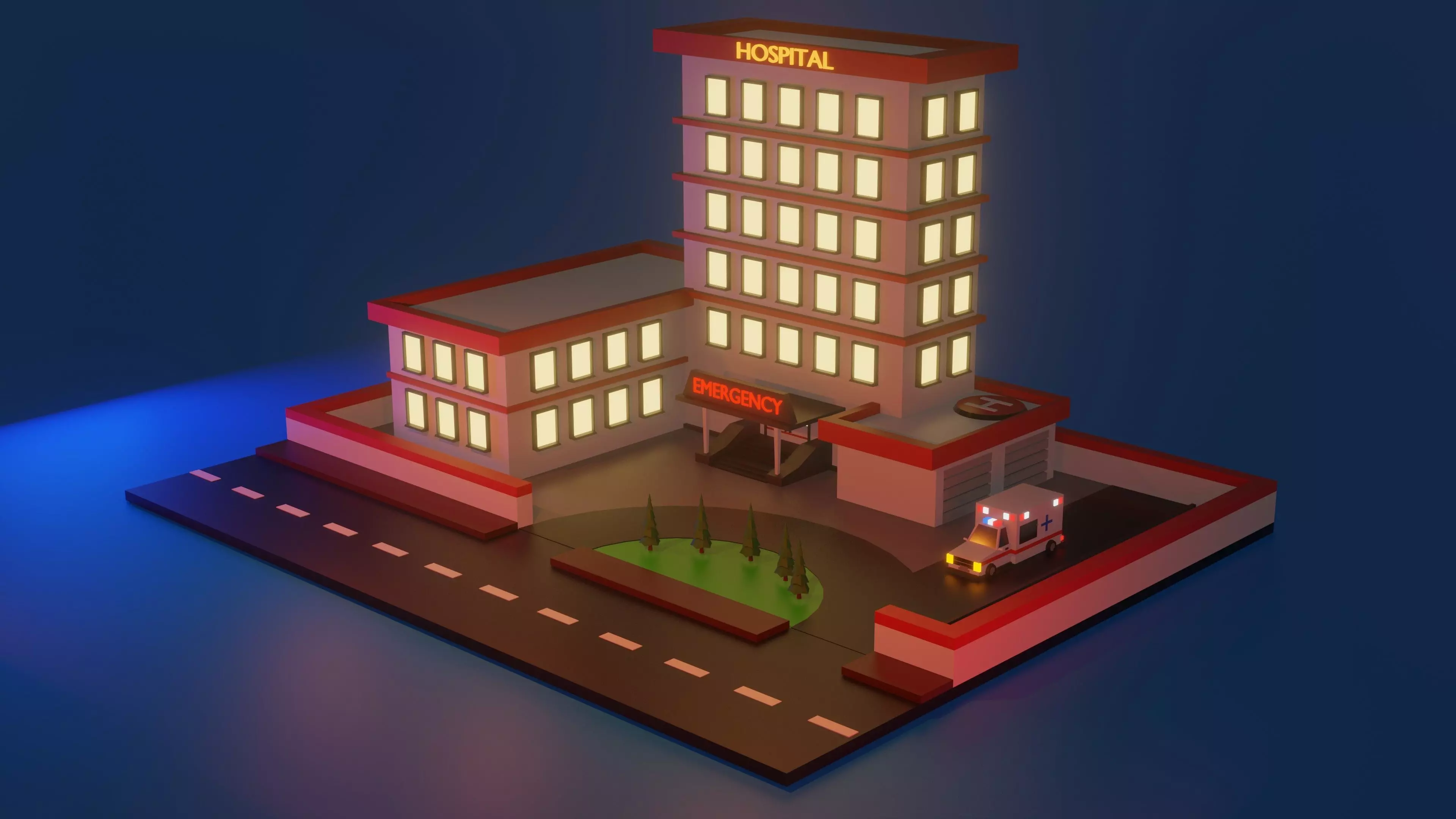 Low Poly Hospital hotel building Low-poly 3D model_0