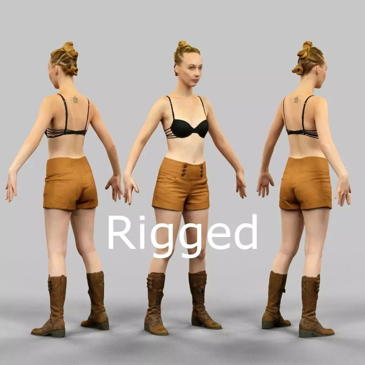 Girl in Brown Shorts and Bra Rigged Low-poly 3D model