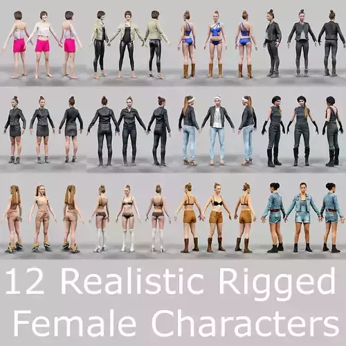 12 Rigged Female Characters Low-poly 3D model