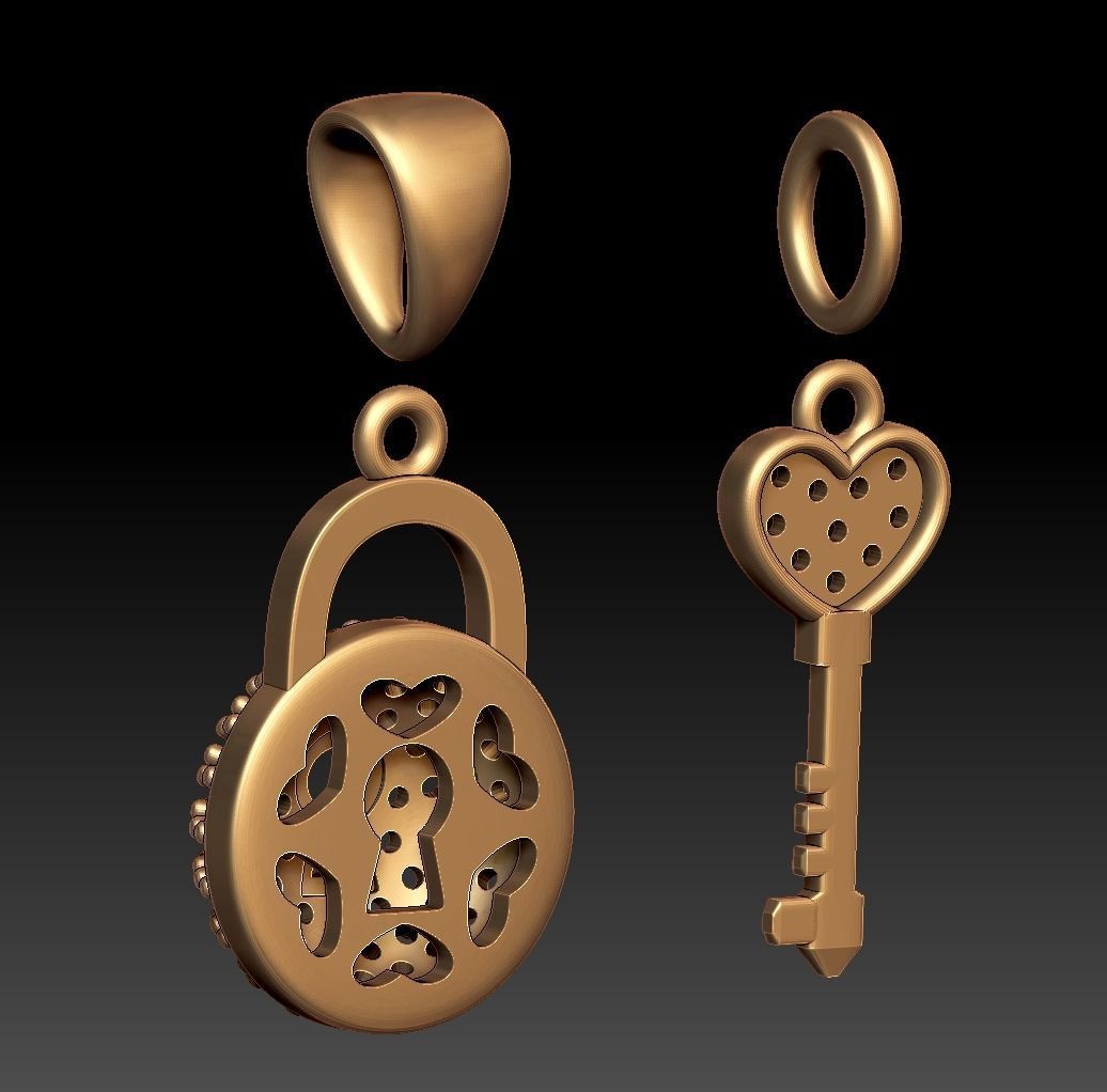 Diamond Lock and Heart Key Pendant 3D print model_12